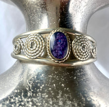 Load image into Gallery viewer, Alpaca Silver Bangle with Purple Cabochon Bracelet, Silver swirls cuff