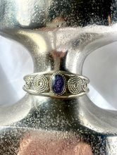 Load image into Gallery viewer, Alpaca Silver Bangle with Purple Cabochon Bracelet, Silver swirls cuff