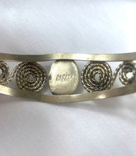 Load image into Gallery viewer, Alpaca Silver Bangle with Purple Cabochon Bracelet, Silver swirls cuff