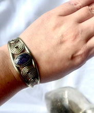 Load image into Gallery viewer, Alpaca Silver Bangle with Purple Cabochon Bracelet, Silver swirls cuff