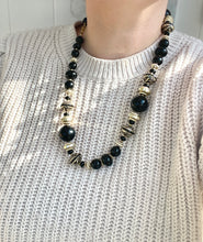 Load image into Gallery viewer, Black and Gold Necklace, Plastic Vintage beaded Necklace, Play Jewellery Costume Necklace Chunky Beads