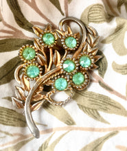 Load image into Gallery viewer, Gold Tone & Green Gem floral Brooch Mid Century