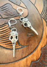 Load image into Gallery viewer, Silver Bird Skull Earrings, Silver tone Bird Skull hook earrings