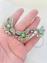 Load image into Gallery viewer, Vintage Leaf Garland Statement Necklace, Vintage Mid Century Enamelled Leaves and Rhinestone Necklace

