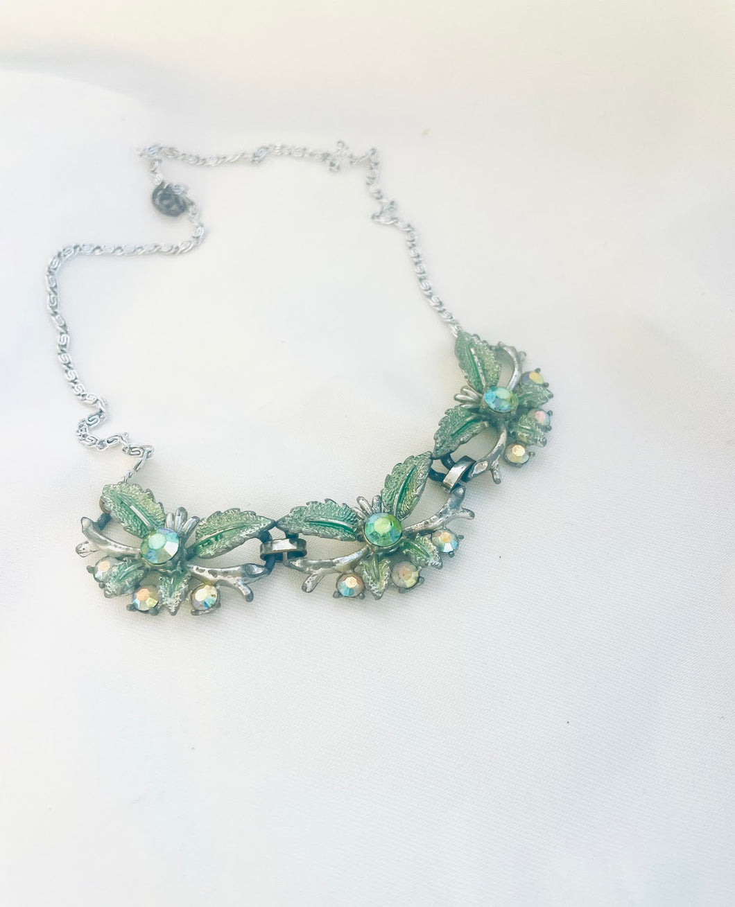 Vintage Leaf Garland Statement Necklace, Vintage Mid Century Enamelled Leaves and Rhinestone Necklace