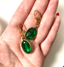 Load image into Gallery viewer, Green Oval Cut Gem Earrings, Acrylic Emerald Channel set Green glass