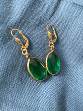 Load image into Gallery viewer, Green Oval Cut Gem Earrings, Acrylic Emerald Channel set Green glass