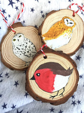 Load image into Gallery viewer, Wood Snowy Owl Christmas Ornament ONE Snowy Owl Holiday Decoration, Rustic Owl Decoration Christmas Ornament Handpainted Owl Hygge Christmas