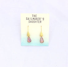 Load image into Gallery viewer, Pink Opal Glass Drop Earrings, Pink Opalescent teardrop & Gold Tone Dangle Earrings, Pink Dichroic Glass