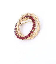 Load image into Gallery viewer, Vintage Circular Red Rhinestone Brooch Circular Rhinestone & Gold rope layered hoop pin