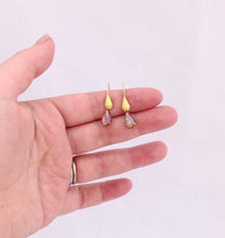 Load image into Gallery viewer, Pink Opal Glass Drop Earrings, Pink Opalescent teardrop & Gold Tone Dangle Earrings, Pink Dichroic Glass