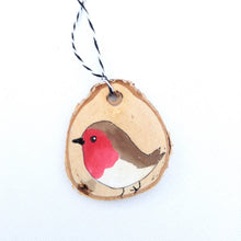 Load image into Gallery viewer, Single Wood Slice Robin Christmas Ornament ONE Robin Redbreast Holiday Decoration, Rustic Robin Decoration Christmas

