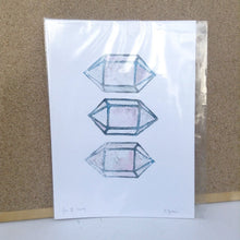 Load image into Gallery viewer, Quartz Crystal Lino Print Geometric Gemstone Art linoprint Unframed A4 Linocut Print of 3 Smoky Quartz Crystals Watercolor hand Pulled Lino