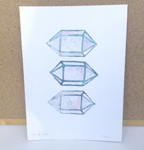 Load image into Gallery viewer, Quartz Crystal Lino Print Geometric Gemstone Art linoprint Unframed A4 Linocut Print of 3 Smoky Quartz Crystals Watercolor hand Pulled Lino