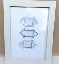 Load image into Gallery viewer, Quartz Crystal Lino Print Geometric Gemstone Art linoprint Unframed A4 Linocut Print of 3 Smoky Quartz Crystals Watercolor hand Pulled Lino