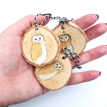 Load image into Gallery viewer, Wooden Barn Owl Christmas Ornaments THREE Barn Owl Holiday Decorations, Rustic Owl Decorations Christmas Ornaments Handpainted Owl Hygge