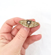 Load image into Gallery viewer, Art Nouveau Flower Brooch Small Pin Prong Set Rhinestone Brooch in  Brass with Crosshatched Texture and Silver Leaf, Early 20th Century Pin