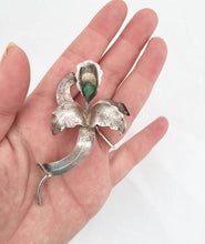 Load image into Gallery viewer, Real Silver Orchid Brooch Flower Brooch, Stamped Silver Flower Pin with Raw Emerald
