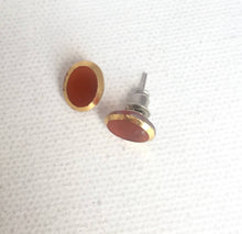 Load image into Gallery viewer, Small Orange Glass Stud Earrings Gold Rimmed Orange Vintage Glass Cabochon Earrings, Oval Glass Studs with golden rims, Mod Earrings Posts