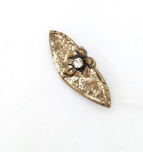 Load image into Gallery viewer, Art Nouveau Flower Brooch Small Pin Prong Set Rhinestone Brooch in  Brass with Crosshatched Texture and Silver Leaf, Early 20th Century Pin