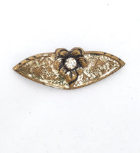 Load image into Gallery viewer, Art Nouveau Flower Brooch Small Pin Prong Set Rhinestone Brooch in  Brass with Crosshatched Texture and Silver Leaf, Early 20th Century Pin