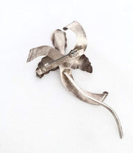Load image into Gallery viewer, Real Silver Orchid Brooch Flower Brooch, Stamped Silver Flower Pin with Raw Emerald