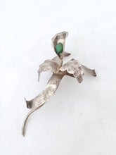 Load image into Gallery viewer, Real Silver Orchid Brooch Flower Brooch, Stamped Silver Flower Pin with Raw Emerald