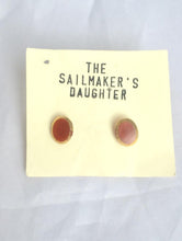 Load image into Gallery viewer, Small Orange Glass Stud Earrings Gold Rimmed Orange Vintage Glass Cabochon Earrings, Oval Glass Studs with golden rims, Mod Earrings Posts