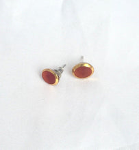 Load image into Gallery viewer, Small Orange Glass Stud Earrings Gold Rimmed Orange Vintage Glass Cabochon Earrings, Oval Glass Studs with golden rims, Mod Earrings Posts