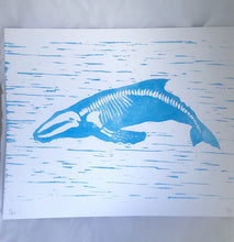 Load image into Gallery viewer, Humpback Whale Art Whale Bones Lino Print. Block Printed Whale Skeleton. Blue Whale