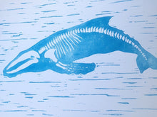 Load image into Gallery viewer, Humpback Whale Art Whale Bones Lino Print. Block Printed Whale Skeleton. Blue Whale