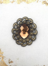 Load image into Gallery viewer, Large 90s Bronze Gem Brooch, Ornate Faceted Rhinestone Brass Tone brooch