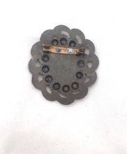Load image into Gallery viewer, Large 90s Bronze Gem Brooch, Ornate Faceted Rhinestone Brass Tone brooch