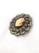 Load image into Gallery viewer, Large 90s Bronze Gem Brooch, Ornate Faceted Rhinestone Brass Tone brooch
