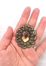 Load image into Gallery viewer, Large 90s Bronze Gem Brooch, Ornate Faceted Rhinestone Brass Tone brooch