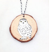 Load image into Gallery viewer, Wood Snowy Owl Christmas Ornament ONE Snowy Owl Holiday Decoration, Rustic Owl Decoration Christmas Ornament Handpainted Owl Hygge Christmas