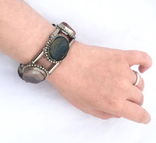 Load image into Gallery viewer, Vintage Silver Marble Stone Bracelet, Chunky Bracelet Silver Tone Metal, 1970s