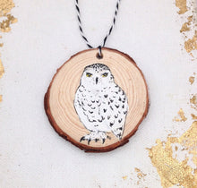 Load image into Gallery viewer, Wood Snowy Owl Christmas Ornament ONE Snowy Owl Holiday Decoration, Rustic Owl Decoration Christmas Ornament Handpainted Owl Hygge Christmas