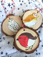Load image into Gallery viewer, Bird Holiday Ornaments THREE Christmas Birds Decorations Barn Owl, Snowy Owl, Robin Ornament THREE Christmas Decorations Robin Owl Decor