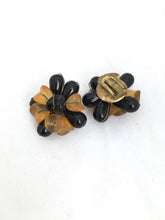 Load image into Gallery viewer, Big Plastic Clip on Earrings ROCHELLE Chrysanthemum Style Earrings in Golden Orange and Black