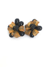 Load image into Gallery viewer, Big Plastic Clip on Earrings ROCHELLE Chrysanthemum Style Earrings in Golden Orange and Black