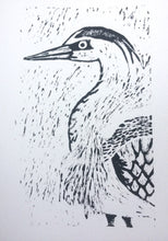 Load image into Gallery viewer, HERON Lino Print Bird Art Stork linoprint, One Unframed A4 Linocut Print of Wild Bird, Wildlife Art hand Pulled Black Ink Print Limited Edit