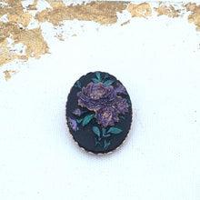 Load image into Gallery viewer, Vintage Black Floral scarf clip Resin Cabochon scarf clip, Vintage Dark Floral Dress Clip with Purple Flowers, Large Oval Scarf Ring
