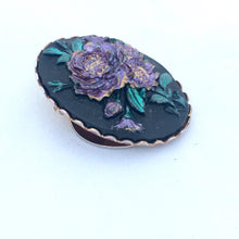 Load image into Gallery viewer, Vintage Black Floral scarf clip Resin Cabochon scarf clip, Vintage Dark Floral Dress Clip with Purple Flowers, Large Oval Scarf Ring