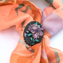Load image into Gallery viewer, Vintage Black Floral scarf clip Resin Cabochon scarf clip, Vintage Dark Floral Dress Clip with Purple Flowers, Large Oval Scarf Ring
