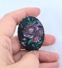 Load image into Gallery viewer, Vintage Black Floral scarf clip Resin Cabochon scarf clip, Vintage Dark Floral Dress Clip with Purple Flowers, Large Oval Scarf Ring