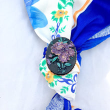 Load image into Gallery viewer, Vintage Black Floral scarf clip Resin Cabochon scarf clip, Vintage Dark Floral Dress Clip with Purple Flowers, Large Oval Scarf Ring