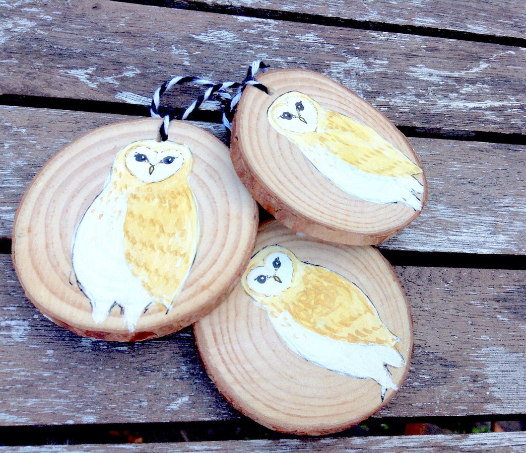 Wooden Barn Owl Christmas Ornaments THREE Barn Owl Holiday Decorations, Rustic Owl Decorations Christmas Ornaments Handpainted Owl Hygge