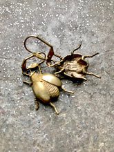 Load image into Gallery viewer, Golden Beetle Earrings Gold Bug Dangle Earrings Gold Tone Dangle Earrings hook earrings Brass Beetles Earrings