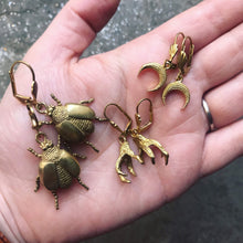 Load image into Gallery viewer, Golden Beetle Earrings Gold Bug Dangle Earrings Gold Tone Dangle Earrings hook earrings Brass Beetles Earrings